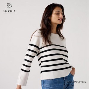 Uniqlo 3D Knit Cotton Crew Neck (Stripe) Women Jumper White US | SOFL-39418