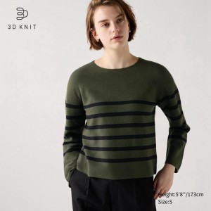 Uniqlo 3D Knit Cotton Crew Neck (Stripe) Women Jumper Olive US | LEFG-13895