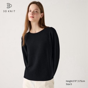 Uniqlo 3D Knit Seamless Cotton Crew Neck Women Jumper Black US | KOBL-31850