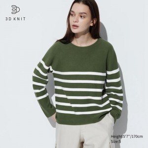 Uniqlo 3D Knit Seamless Cotton Crew Neck (Stripe) Women Jumper Olive US | NGTW-93241