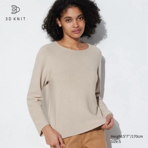 Uniqlo 3D Knit Seamless Cotton Crew Neck Women Jumper Beige US | NCGM-01487