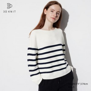 Uniqlo 3D Knit Seamless Cotton Crew Neck (Stripe) Women Jumper Off White US | NEMQ-85693