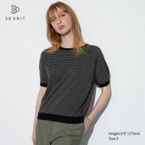 Uniqlo 3D Knit Seamless Washable Crew Neck (Half Sleeve, Stripe) Women Jumper Black US | XJPI-38012