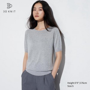 Uniqlo 3D Knit Seamless Washable Crew Neck Half Sleeved Women Jumper Light Grey US | UCVT-82630