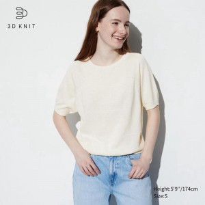 Uniqlo 3D Knit Seamless Washable Crew Neck Half Sleeved Women Jumper Off White US | LKZS-69504