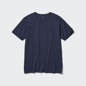 Uniqlo AIRism Cotton Crew Neck Men T-Shirt Navy US | GNDL-38064