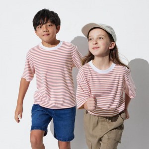 Uniqlo AIRism Cotton Crew Neck (Stripe) Kids' T-Shirt Pink US | UVZH-61374