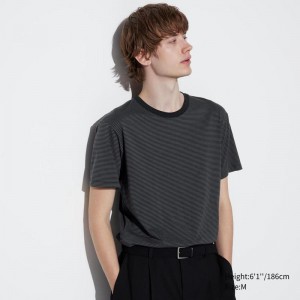 Uniqlo AIRism Cotton Crew Neck (Stripe) Men T-Shirt Black US | IVBU-70691