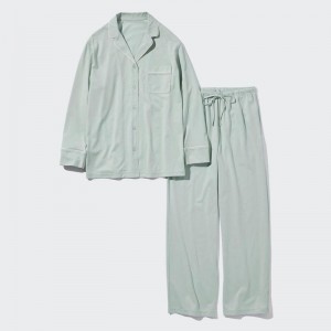 Uniqlo AIRism Cotton (Long Sleeve) Women Pyjamas Light Green US | ZEKP-52183