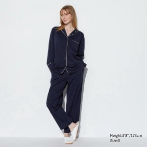 Uniqlo AIRism Cotton (Long Sleeve) Women Pyjamas Navy US | KHQI-75649