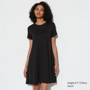 Uniqlo AIRism Cotton Mini (Short Sleeve) Women Dress Black US | LNBF-69742