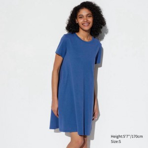 Uniqlo AIRism Cotton Mini (Short Sleeve) Women Dress Blue US | YKWD-97354