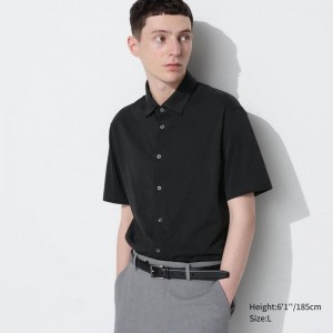 Uniqlo AIRism Cotton (Open Collar) Men Polo Shirt Black US | JXPF-58012