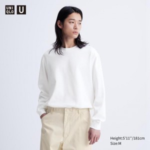 Uniqlo AIRism Cotton Oversized Crew Neck (Long Sleeve) Men T-Shirt White US | CYEI-75902