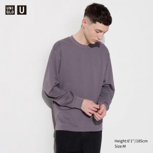 Uniqlo AIRism Cotton Oversized Crew Neck (Long Sleeve) Men T-Shirt Purple US | HFPB-14508