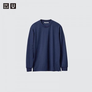 Uniqlo AIRism Cotton Oversized Crew Neck (Long Sleeve) Men T-Shirt Navy US | UAPR-81359