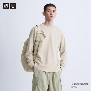 Uniqlo AIRism Cotton Oversized Crew Neck (Long Sleeve) Men T-Shirt Natural US | BRKW-78510