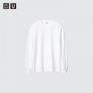 Uniqlo AIRism Cotton Oversized Crew Neck (Long Sleeve) Men T-Shirt White US | THWZ-92768