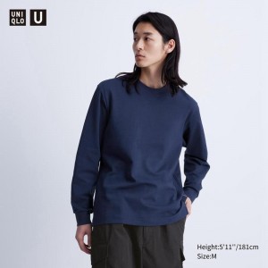 Uniqlo AIRism Cotton Oversized Crew Neck (Long Sleeve) Men T-Shirt Navy US | VOMN-32791