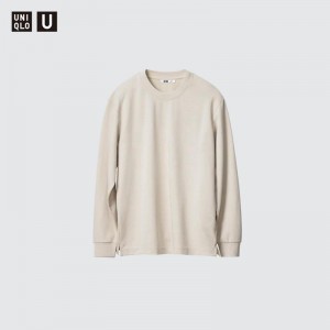 Uniqlo AIRism Cotton Oversized Crew Neck (Long Sleeve) Men T-Shirt Natural US | FKIV-96073