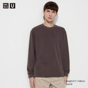 Uniqlo AIRism Cotton Oversized Crew Neck (Long Sleeve) Men T-Shirt Dark Brown US | EUNL-13649