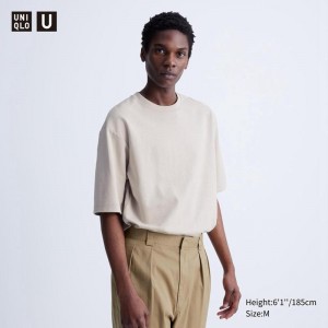 Uniqlo AIRism Cotton Oversized Crew Neck (Half Sleeve) Men T-Shirt Light Grey US | WRSA-15346