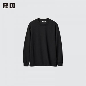 Uniqlo AIRism Cotton Oversized Crew Neck (Long Sleeve) Men T-Shirt Black US | UOHK-63081