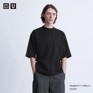 Uniqlo AIRism Cotton Oversized Mock Neck (Half Sleeve) Men T-Shirt Black US | QNVS-51920