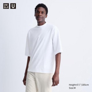 Uniqlo AIRism Cotton Oversized Mock Neck (Half Sleeve) Men T-Shirt White US | XOLK-40281