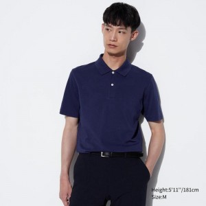 Uniqlo AIRism Cotton Piqué Men Polo Shirt Blue US | KMAD-75326