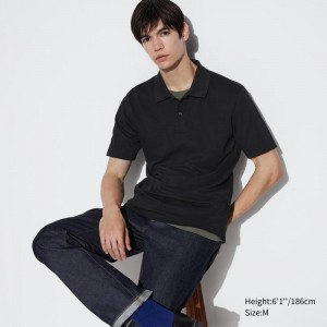 Uniqlo AIRism Cotton Piqué Men Polo Shirts Black US | NSWI-51839