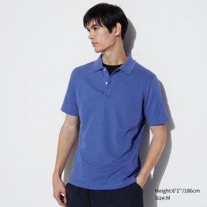 Uniqlo AIRism Cotton Piqué Men Polo Shirts Blue US | WVFK-10583