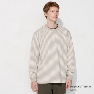 Uniqlo AIRism Cotton (Stripe, Long Sleeve) Men T-Shirt Beige US | GDOU-60274