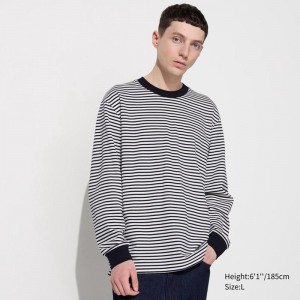 Uniqlo AIRism Cotton (Stripe, Long Sleeve) Men T-Shirt White US | IBPS-48103