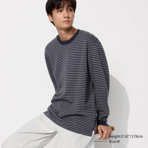 Uniqlo AIRism Cotton (Stripe, Long Sleeve) Men T-Shirt Navy US | XZRT-15680