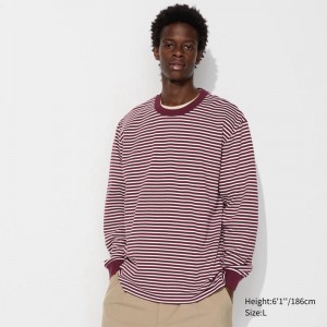 Uniqlo AIRism Cotton (Stripe, Long Sleeve) Men T-Shirt Wine US | DAQN-27863