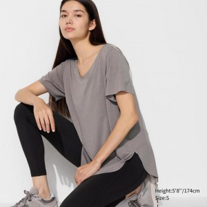 Uniqlo AIRism Seamless V Neck Longline Women T-Shirts Brown US | VHSD-17850