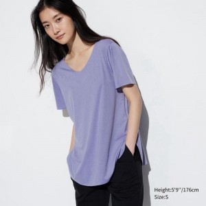 Uniqlo AIRism Seamless V Neck Longline Women T-Shirts Purple US | WTNQ-17538