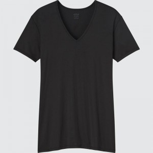 Uniqlo AIRism V Neck Men T-Shirt Black US | NFGP-38752