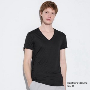 Uniqlo AIRism V Neck Men T-Shirt Black US | URSJ-81960