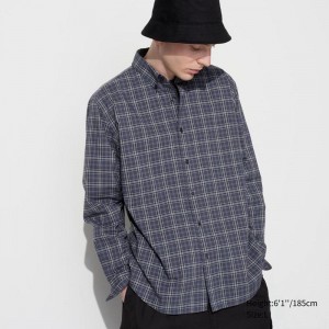 Uniqlo Broadcloth (Button-Down Collar, Check) Men Shirts Dark Grey US | BJEM-01978