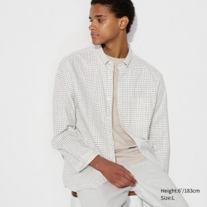 Uniqlo Broadcloth (Button-Down Collar, Check) Men Shirts Off White US | XCGT-09765