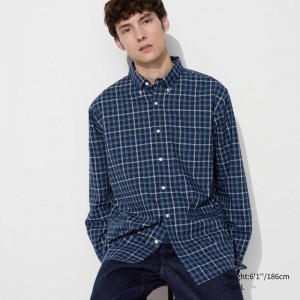 Uniqlo Broadcloth (Button-Down Collar, Check) Men Shirts Blue US | ZVLE-98052