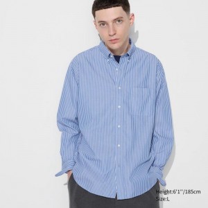 Uniqlo Broadcloth (Button-Down Collar, Stripe) Men Shirts Blue US | ZOBA-96571