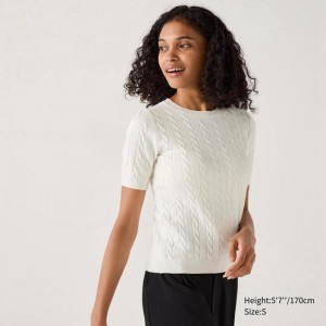 Uniqlo Cable Crew Neck Women Jumper Off White US | TOZA-17360