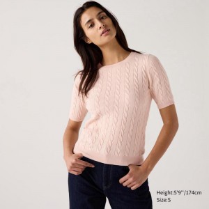 Uniqlo Cable Crew Neck Women Jumper Pink US | YDUA-87934