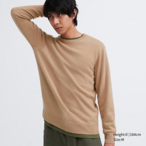 Uniqlo Cashmere Crew Neck Men Jumper Beige US | TAQF-17950