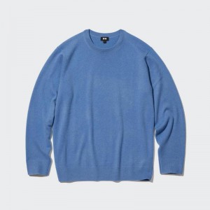 Uniqlo Cashmere Crew Neck Men Jumper Blue US | QEMC-26317