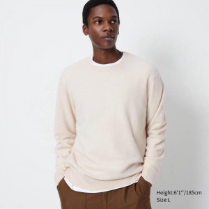 Uniqlo Cashmere Crew Neck Men Jumper Natural US | YTZN-86492