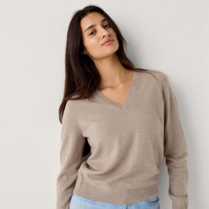 Uniqlo Cashmere V Neck Women Jumper Beige US | SORQ-41032